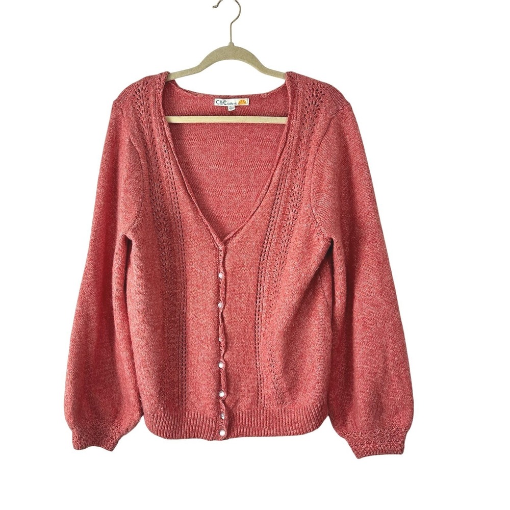 C & C California Cardigan Sweater Large Soft Wool Blend Button Front Coral Pink